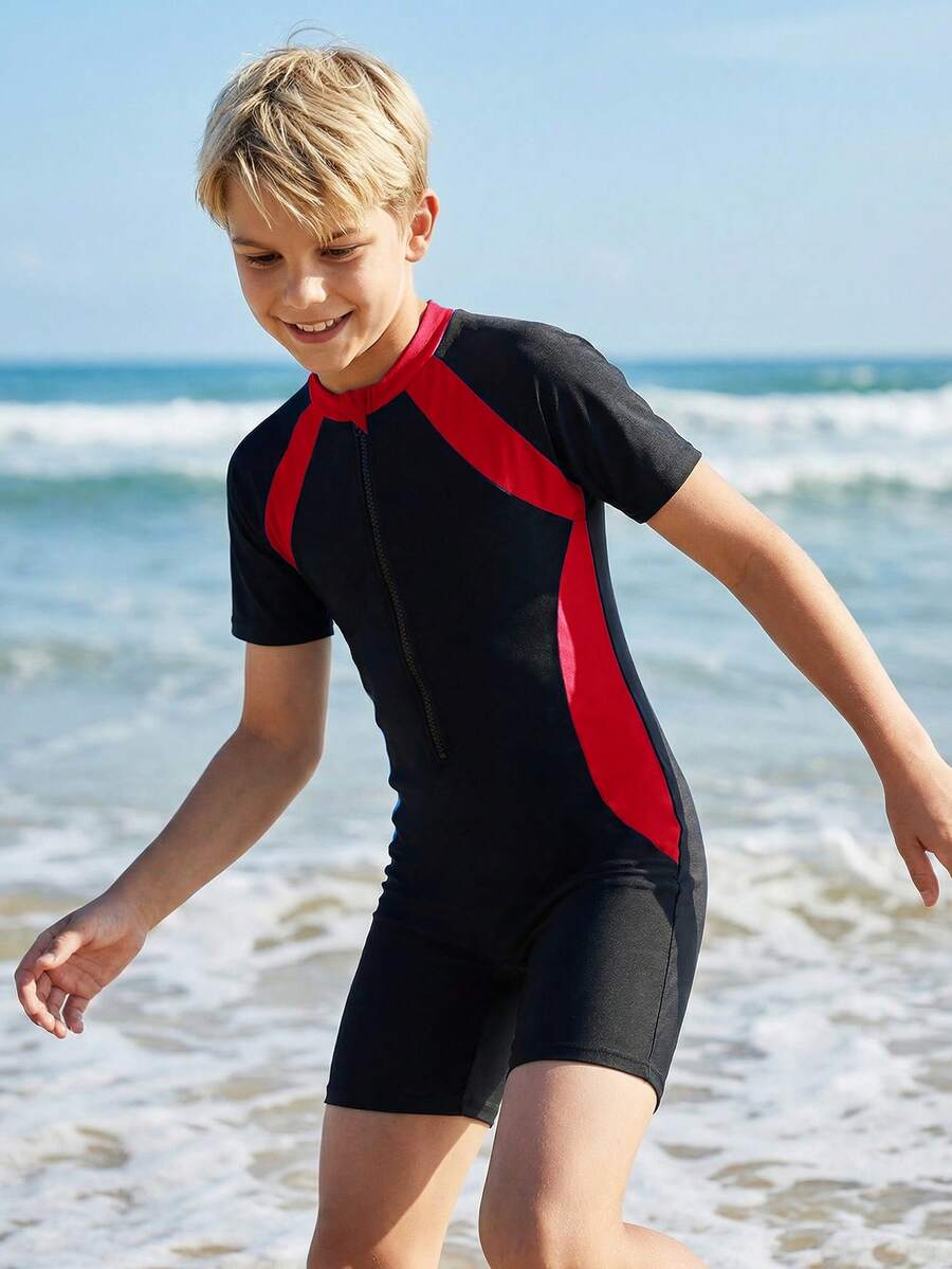 SHEIN 男童撞色连体泳衣,适合海滩、游泳、冲浪 - 紅色 - 查看 1