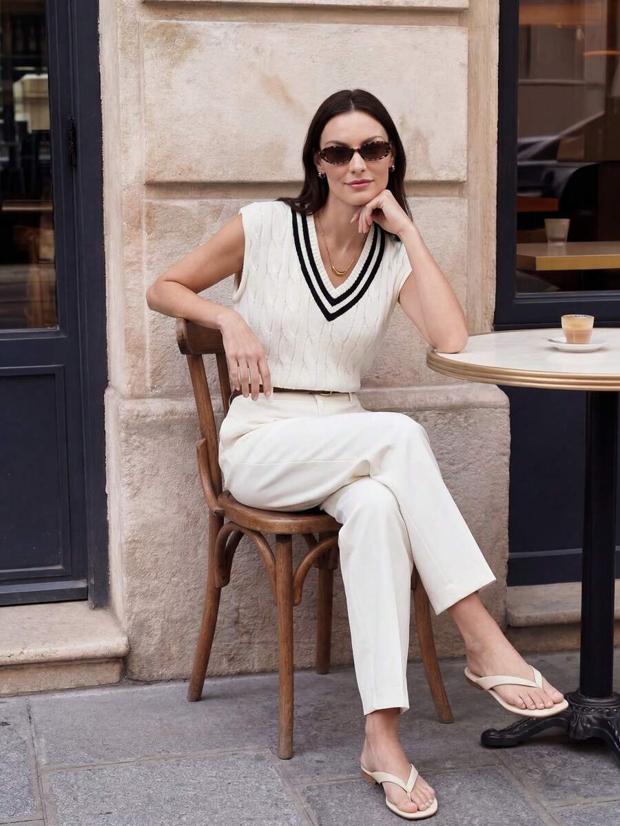 Briarwyn Chaleco de punto casual de mujer con cuello en V a rayas y patrón de cable retorcido - Beis - Ver 1