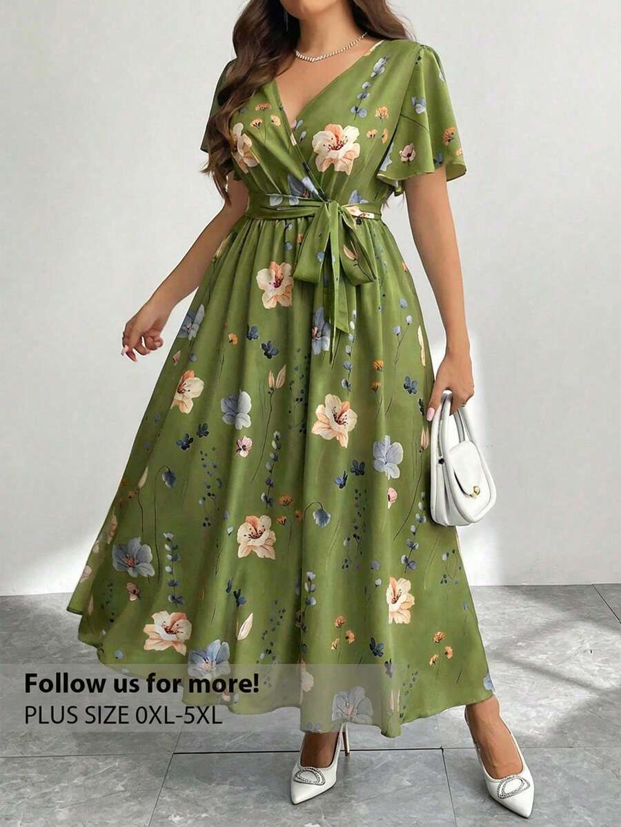 Firerie Đầm nghỉ mát cỡ lớn dành cho nữ, cổ chữ V, dáng rộng, thắt eo, họa tiết ngẫu nhiên, xẻ tà, thích hợp mặc mùa hè. - màu xanh lá - Xem 1