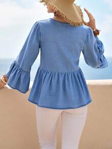 EMERY ROSE 女士休闲荷叶边喇叭袖牛仔衬衫 - 藍色 - 查看 2