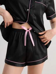 Hourtrue Contrast Piping Blouse & Bow Front Shorts PJ Set / Pajama Set Bow Tie - Black - View 9