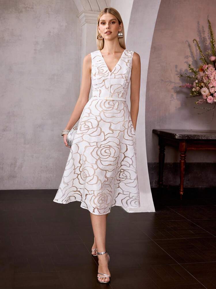 FRENCH DESIGN NICHE DEEP V SEXY SLEEVELESS CINCHED WAIST A-LINE MIDI DRESS