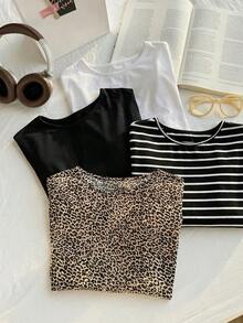 Comfortcana 4pcs/Set Plus Size Casual Solid Leopard Striped T-Shirts Spring/Summer Gym Brown - Multicolor - View 6