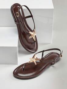 SHUZIA Women's Metallic Starfish Decor Pu CoffeeT-Strap Sandals – Chic, Beachy & Comfortable. - Coffee Brown - View 1