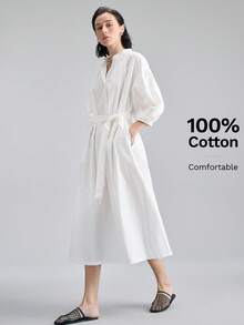 Ontre 女士米色舒适柔软高档面料圆领落肩七分泡泡袖O型廓形褶皱领口前襟纽扣腰带腰部系带连衣裙，适合现代都市商务休闲、办公室通勤、机场休闲、低调复古、高端邮轮度假、中东简约奢华风等多种场合，是四季皆宜的百搭长裙。 - 白色 - 查看 2