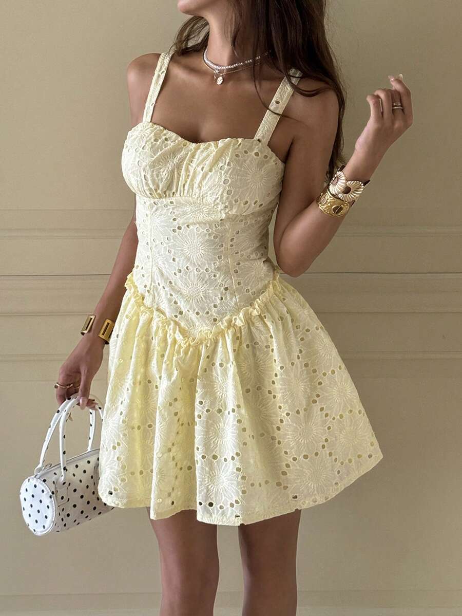 Pariaura Women's Embroidered Fabric Camisole Cropped Dress With Frill Trim, Elegant Yellow Dress Tea Party Dress Embroidered Dress Mini Dress Ruffle Hem Dress - Yellow - View 1