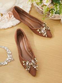 CUCCOO HITCHD Pointed Flat Bottom Comfortable And Fashionable Versatile Fairy Rhinestone Butterfly Flower Boy Soft Sole Brown Low Vamp Flat Shoes - Brown - View 1