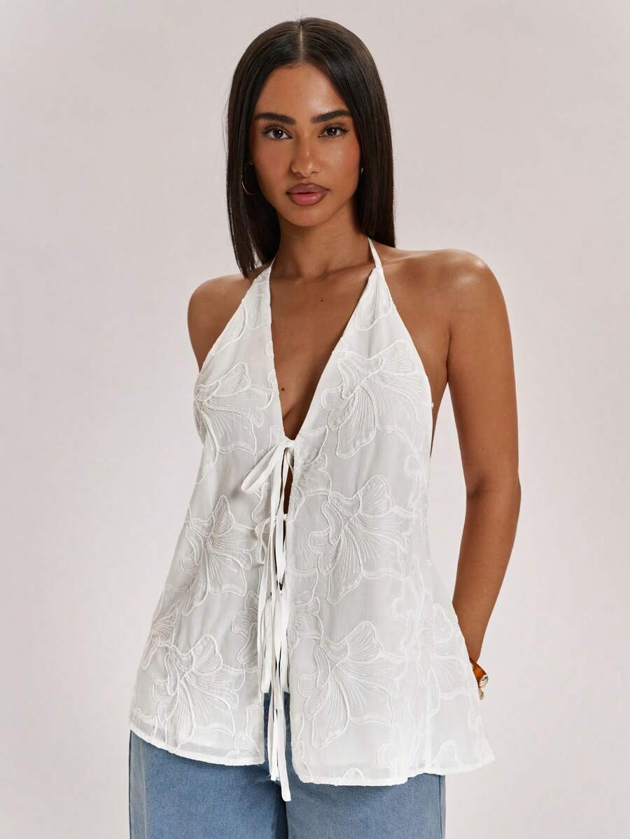 SHEIN BAE Áo hai dây bằng vải lanh trắng, kiểu dáng vintage, thêu họa tiết, thích hợp cho đi biển, kỳ nghỉ và mặc thường ngày. - trắng - Xem 1