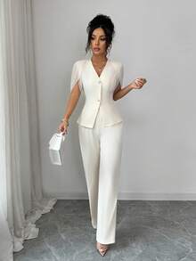 Elenzga 女士优雅两件套，柔软舒适的浅杏色针织面料，搭配同色雪纺泡泡袖设计，知性优雅，适合派对、通勤、工作或旅行，是女士衣橱中必备的单品。 - 杏色 - 查看 7