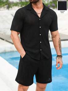 VENTUSAIL Men's Black 2 Pieces Set, Spring/Summer Wavy Jacquard Shirt - Black - View 3