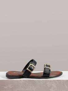 Styleloop Sandal đế bằng nữ, có khóa cài, viền trang trí. - màu đen - Xem 6