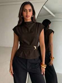 Aloruh 女士休闲优雅衬衫，通勤衬衫，杏色衬衫，夏季户外衬衫，金属扣腰衬衫 - 咖啡棕 - 查看 2