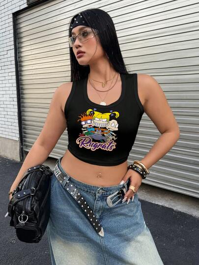 Nick 90s | SHEIN Áo tank top crop top cỡ lớn mùa hè, họa tiết hoạt hình và chữ cái phong cách đường phố.