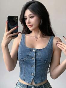 DAZY 女士方领单排扣休闲牛仔背心 - 中等水洗藍 - 查看 3
