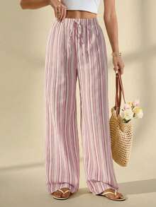 SHEIN Tall 女士假日休闲条纹阔腿裤 粉色条纹裤 - 彩色 - 查看 4