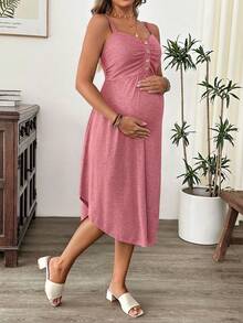 Cheriluna Maternity Maternity Casual Solid Color Spaghetti Strap Nursing Dress - Dusty Pink - View 6