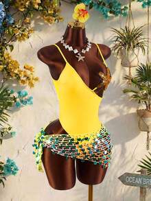 Amplova Maillot de bain une pièce avec empiècement en forme d'étoile de mer pour femmes, sexy et avant-gardiste, convient pour les vacances à la plage, couleur unie bleue monokini - Jaune citron - Voir 9