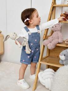 Baby Girl Heart Embroidery Pocket Casual Versatile Daily Wear Denim Bib Shorts - Medium Wash - View 4