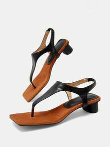 黑色皮革配棕色绒面革鞋垫人字拖粗跟高跟凉鞋 - 黑色 - 查看 8