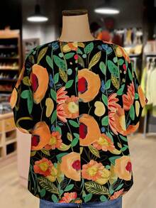 Linhara 大码女式复古宽松刺绣圆领抽绳短袖亚麻衬衫，休闲百搭上衣 - 黑色 - 查看 2