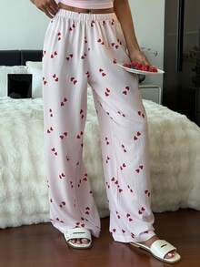 DAZY 女士轻薄爱心条纹印花宽松睡裤，夏季必备 - 紅色 - 查看 7