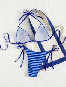 Bonvoyette Bộ bikini gợi cảm kẻ sọc phối màu, kiểu cổ yếm hở lưng, cúp ngực tam giác, thích hợp cho kỳ nghỉ hè. - Màu xanh lam - Xem 4