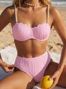 Women's Solid Color Simple Daily Bikini Set With Faux Pearl Decoration Summer Beach - Baby Pink - View 2