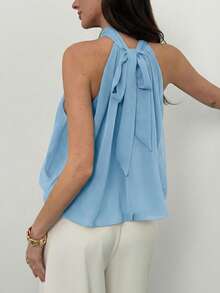 Aloruh Women's Solid Color Peplum Hem Halter Neck Top,Summer Top - Blue - View 2