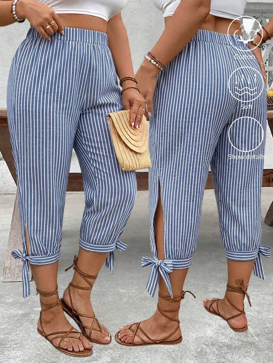 EMERY ROSE Plus Size High Waist Drawstring 7/8 Pants, Spring/Summer - Blue and White - View 1