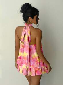 Aloruh Women's Elegant Pink Tie Dye Floral Print Backless Tie Strap Mini Dress,Boho Summer Holiday Vacation Holiday Pink Floral Beach Sundress - Pink - View 4