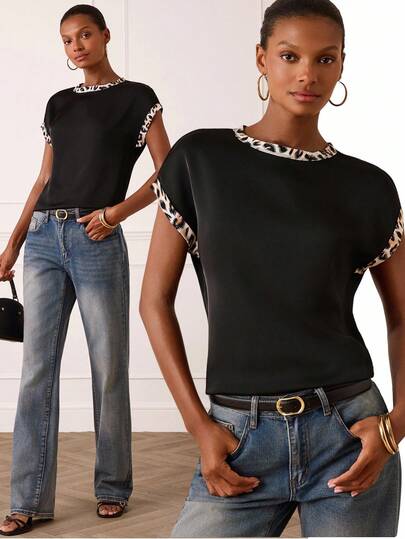 Lilora Women's Elegant Round Neck Satin Leopard Print Patchwork Blouse High-End, Fashionable, Versatile, And Elegant Top, Suitable For Commuting, Everyday Casual Outings, Parties, Dates, Gatherings, Leisure Activities, Picnics, Holidays, Vacations, Summer, And Holiday Travel. Latest Tops For Women Casual Tops For Women Elegant Tops For Women New Arrivals Latest Tops For Women New Arrivals Women's Short Sleeve Tops Women's Tops New Arrivals Short Sleeve Tops For Women Leopard Print Trim Top Blouses For Wo,Summer Top