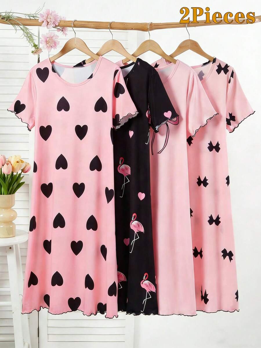 2 Packs Teen Pajamas,Pastel Pink Fairy Summer Family Matching Round Neck Short Sleeve Bowknot Casual Mid-Length Nightgown,Comfortable Stretchy Fabric - Multicolor - View 1