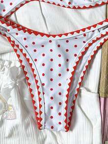 Swim Mod 两件套波点和随机碎花印花挂脖比基尼上衣和高衩丁字裤性感泳装套装，春夏款 - 彩色 - 查看 3