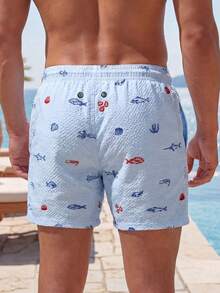 Horizaway Men's Ocean Creature Print Beach Shorts Light Blue Swim Trunks Men Shark Swim Trunks - Baby Blue - View 2