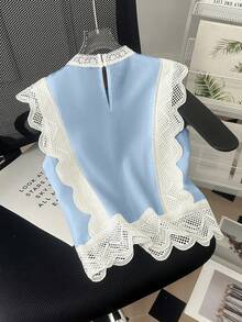 SHEIN LUNE 女士春夏法式优雅蕾丝拼接立领无袖刺绣休闲百搭衬衫 - 淺藍色 - 查看 2