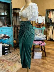 EMERY ROSE Women's Fashion Solid Color Drawstring Tie Long Skirt - Dark Green - View 3