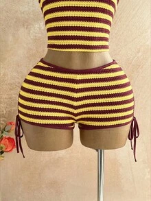 Soleia 女款夏季度假兩件套：黃色條紋撞色針織不對稱肩貼身上衣與超低腰緊身短褲，適合派對約會、海灘度假、郵輪、嘉年華、復活節波西米亞風，女款度假穿搭 - 黃色 - 查看 5