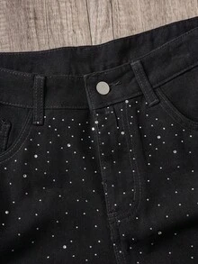 Manfinity Joysei Quần short denim ống rộng màu đen đính đá lấp lánh dành cho nam giới mùa hè. - màu đen - Xem 3