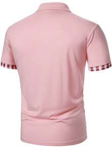Calvornis Men's Plaid Patchwork Short Sleeve Casual Commuter Polo Shirt - Pink - View 2