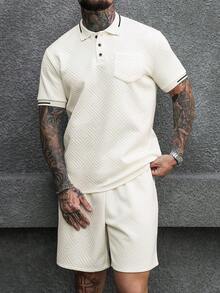 Manfinity CasualCool 男士白色提花 Polo 衫與短褲 2 件套，夏季休閒度假穿搭，華夫格針織短袖 Polo 衫，彈性腰頭短褲，適合正裝場合 - 杏色 - 查看 2