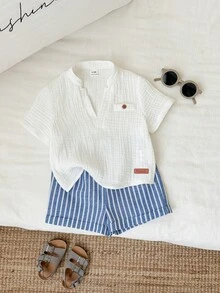 SHEIN 男婴夏季休闲白色翻领Polo衫和蓝色条纹短裤两件套，正式服装 - 彩色 - 查看 2