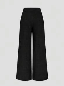 Elenzga New Women's High Waist Side Zipper Decor Button Design Wide Leg Pants, Elegant Casual Daily Wear, Spring/Autumn - Black - View 2
