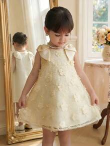 SHEIN Baby Girls' White Summer Cute Elegant Wedding Dress,3D Mesh Embroidered Flower Decor,Ruffled Bow Formal Party Gown For Anniversary Performance - Apricot - View 2