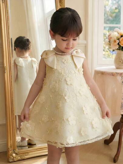 SHEIN Vestido de niña bebé con bordado 3D y decoración de lazo, adecuado para fiestas elegantes y glamorosas, vestidos formales dulces, apropiado para actuaciones de aniversario y cumpleaños