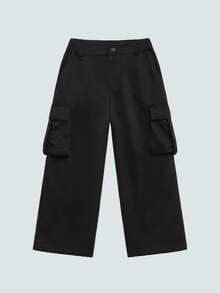 Modcrash 男士黑色阔腿工装七分裤，纽扣腰多口袋街头服饰，复古美式，男女皆宜，宽松版型夏季服装——适合日常穿着和夏季度假穿着。 - 黑色 - 查看 1