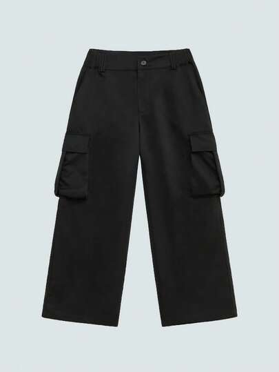 Modcrash 男士黑色阔腿工装七分裤，纽扣腰多口袋街头服饰，复古美式，男女皆宜，宽松版型夏季服装——适合日常穿着和夏季度假穿着。