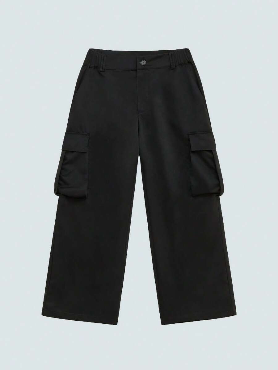 Modcrash 男士黑色阔腿工装七分裤，纽扣腰多口袋街头服饰，复古美式，男女皆宜，宽松版型夏季服装——适合日常穿着和夏季度假穿着。 - 黑色 - 查看 1