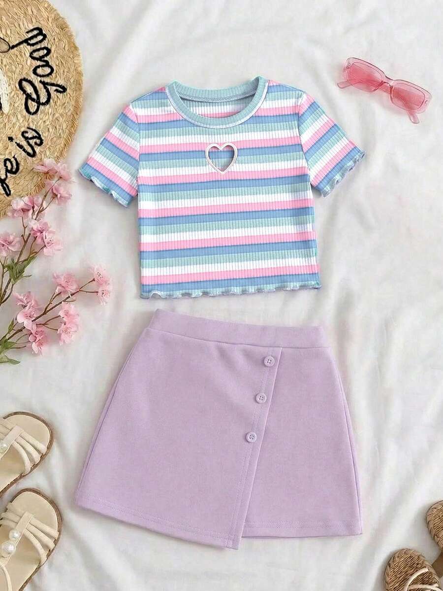 Bộ đồ thường ngày cho bé gái tuổi teen: áo ngắn tay cổ tròn kẻ sọc và chân váy. - Màu tím - Xem 1