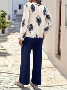 SHEIN LUNE 2pcs Women Casual Round Neck Tie Dye Print Long Sleeve Shirt And Wide Leg Pants Set - Royal Blue - View 2