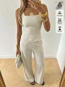 SHEIN EZwear Bộ đồ công sở nữ màu mơ dệt kim, gồm áo và quần, kiểu dáng hở lưng, không tay. - Màu be - Xem 12